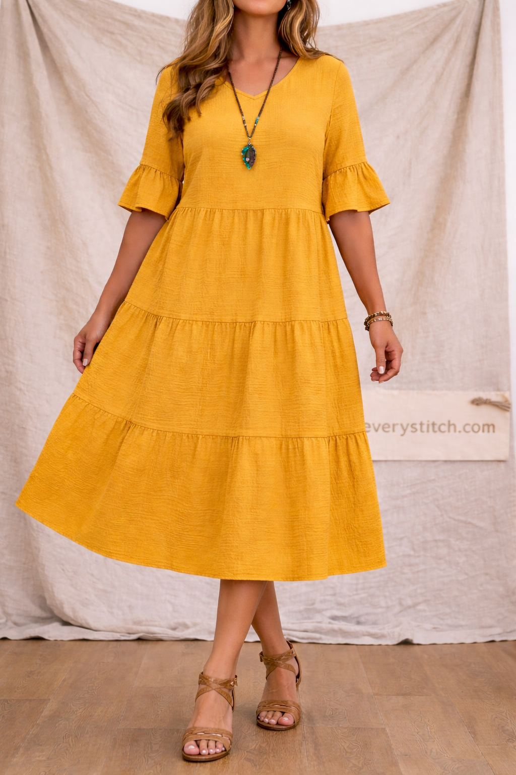 Classic Tiered Ruffle Sleeve Midi Dress