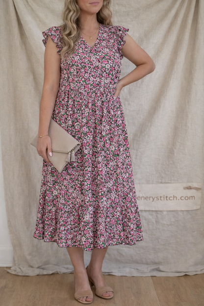 Floral Ruffle Sleeve Midi Dress