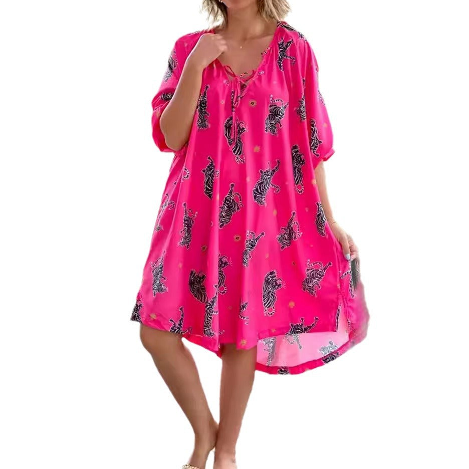 Women's V-neck Short Sleeve Printed Loose Casual Plus Size Dress