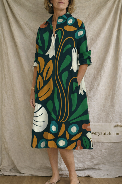Printed Short Sleeve Shirt Midi Dress