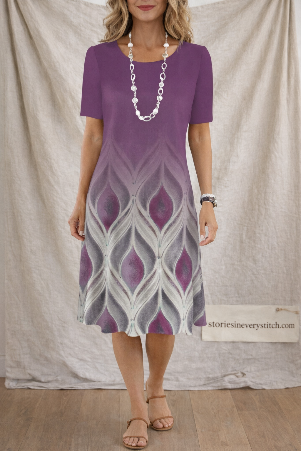 Printed Short Sleeve Midi Dress