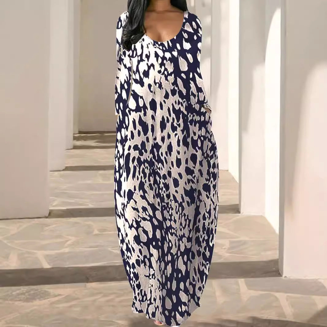 European And American New Pocket Round Neck Printing Plus Size Dress