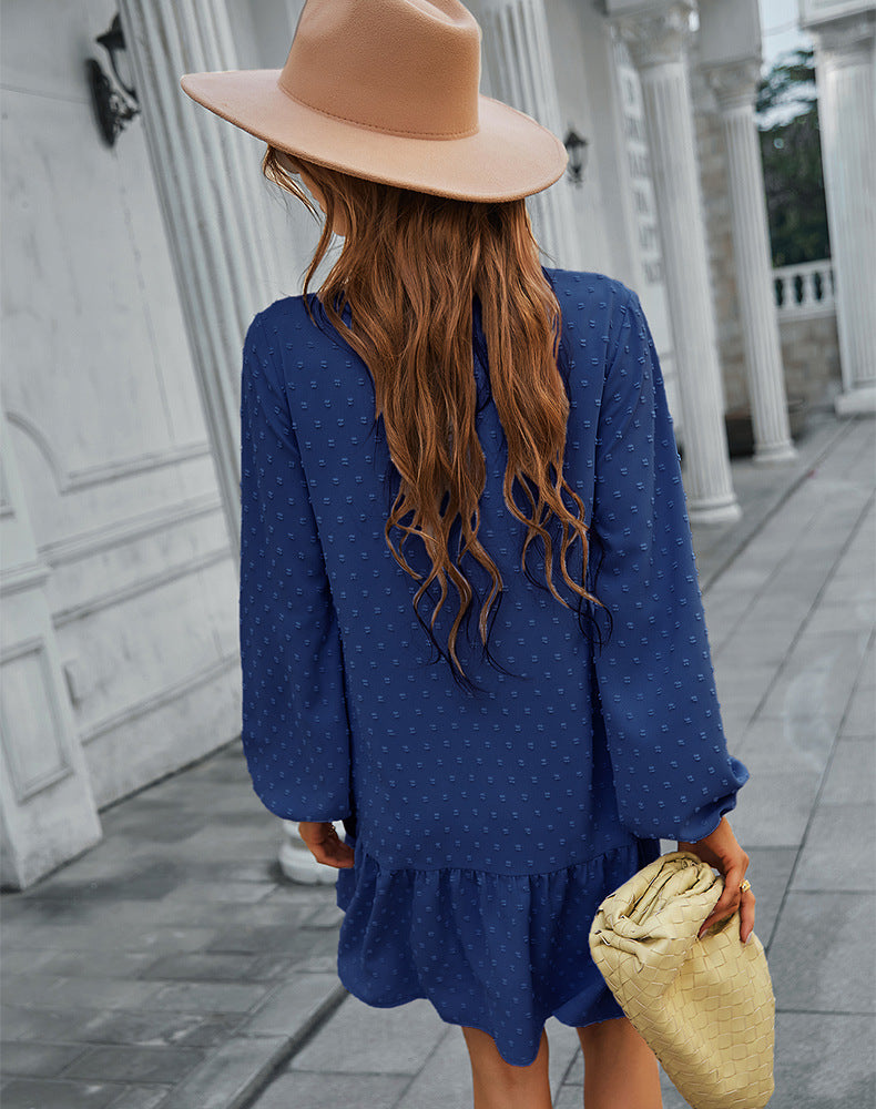 Casual Holiday Dress Spring And Summer Long Sleeves Ruffled Solid Color A- Line Skirt