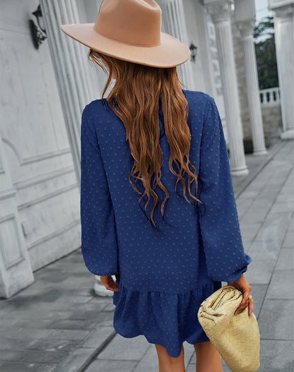 Casual Holiday Dress Spring And Summer Long Sleeves Ruffled Solid Color A- Line Skirt