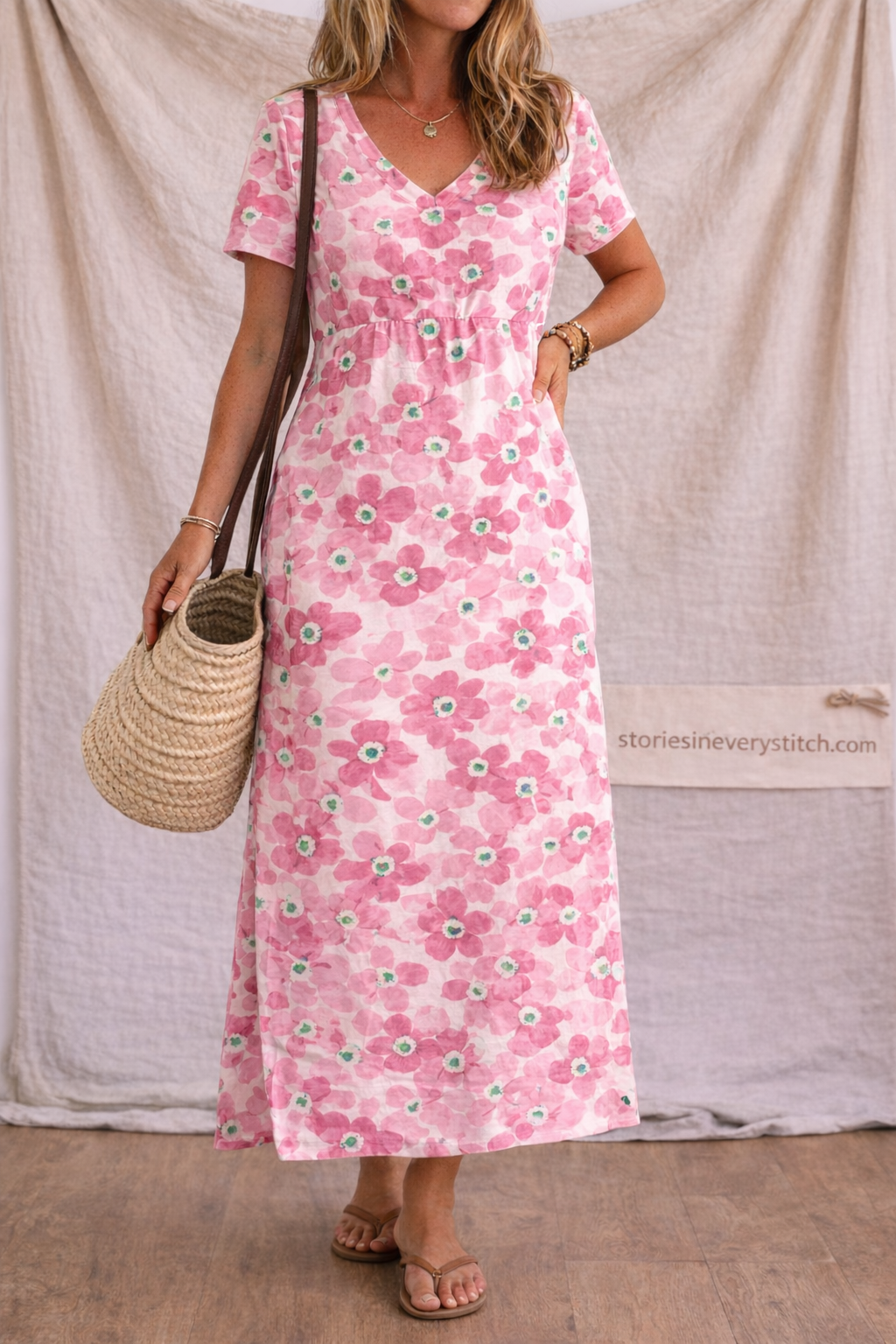 Floral Print V-Neck Short Sleeve Maxi Dress