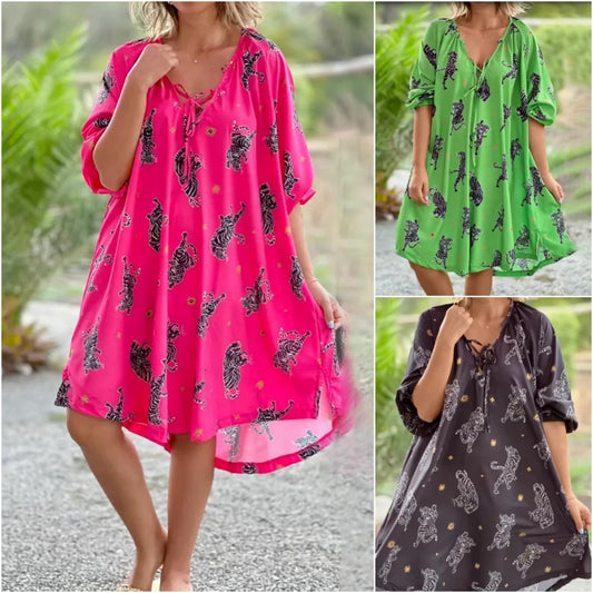Women's V-neck Short Sleeve Printed Loose Casual Plus Size Dress
