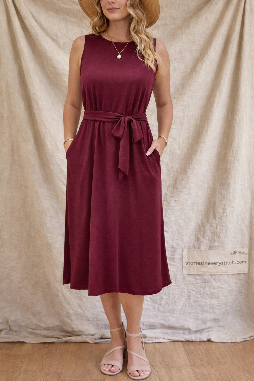 Classic Tie-Waist Sleeveless Midi Dress