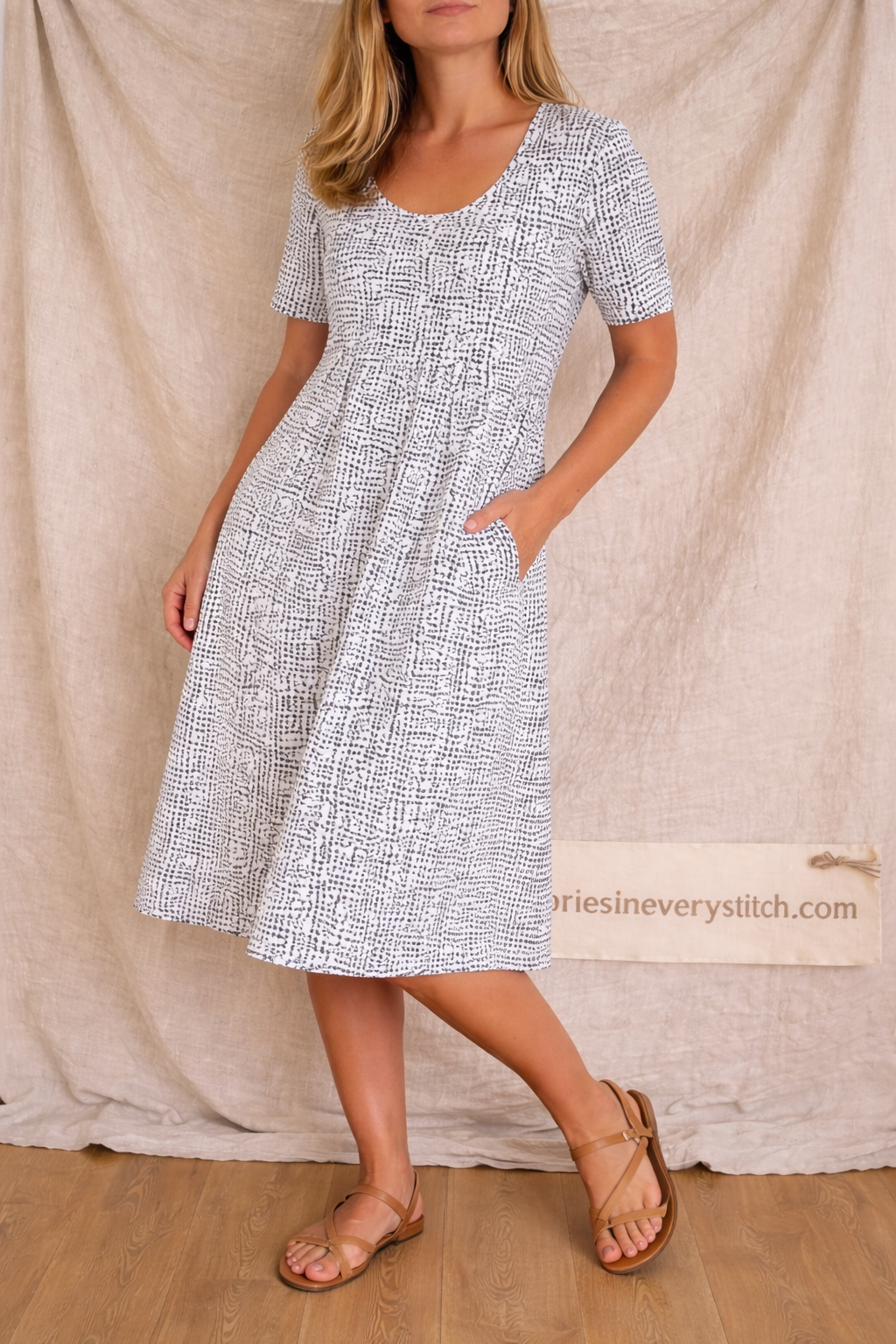 Printed Short Sleeve Midi Dress with Pockets