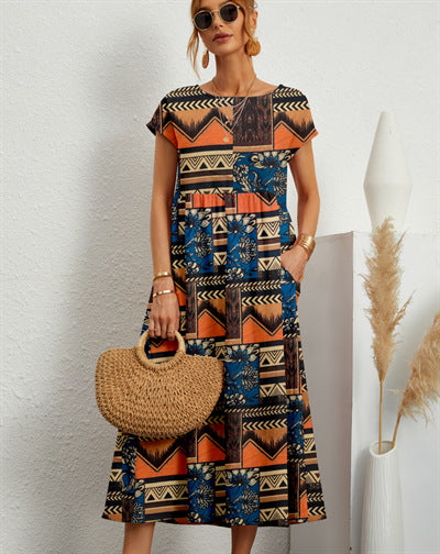 European And American New Fashion Ladies Loose Cotton Linen Sleeveless Round Neck Printed Summer Dress