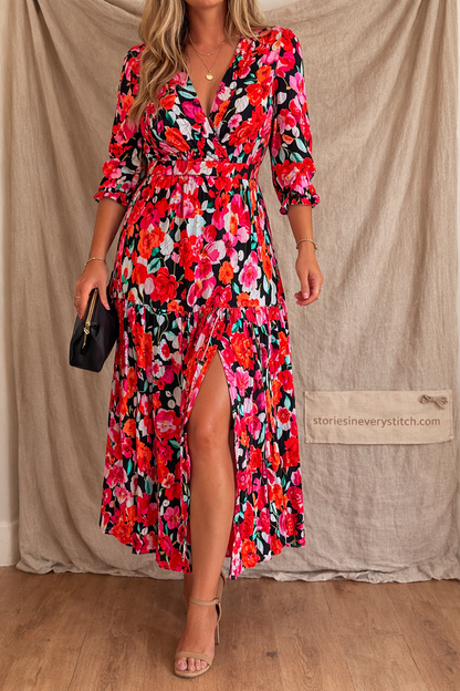 Printed V-Neck Midi Dress