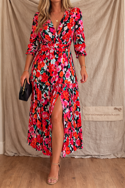 Printed V-Neck Midi Dress