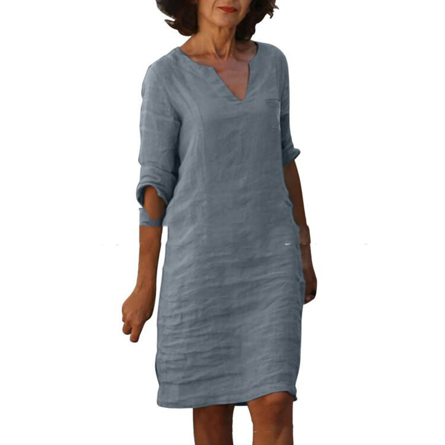 European And American Style With Pockets Spring And Summer Wash Wrinkle Small V-neck Dress