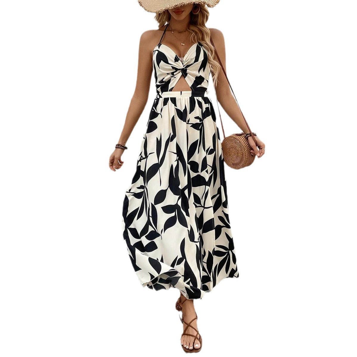 European And American Summer Women's Hollow Pleated Halterneck Printed Dress