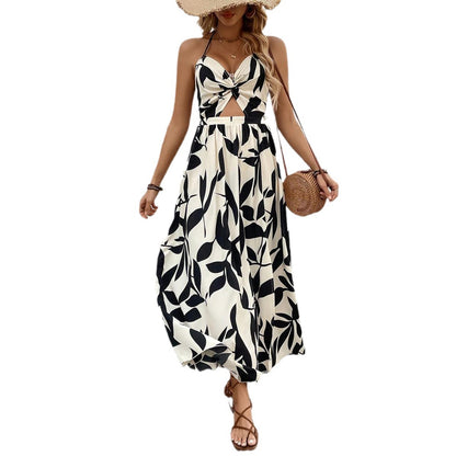 European And American Summer Women's Hollow Pleated Halterneck Printed Dress