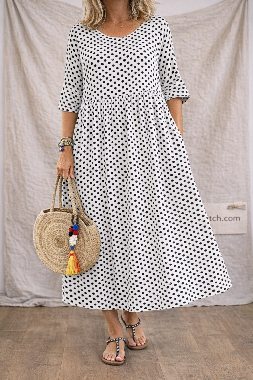 Polka Dot Relaxed Midi Dress with Pockets