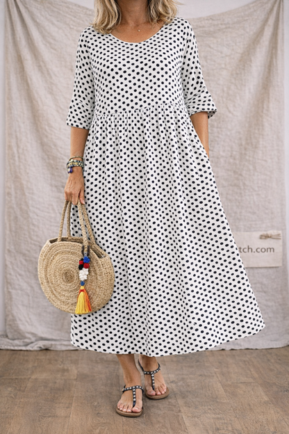 Polka Dot Relaxed Midi Dress with Pockets