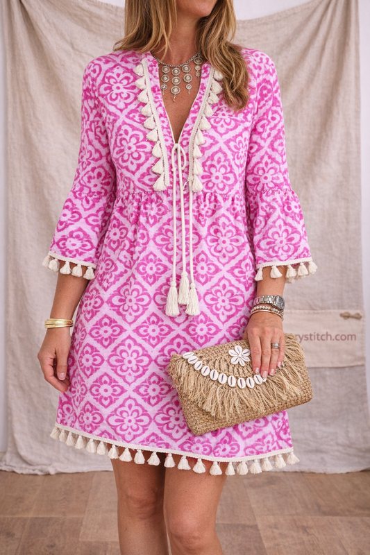 Boho Tassel Trim Printed Mini Dress