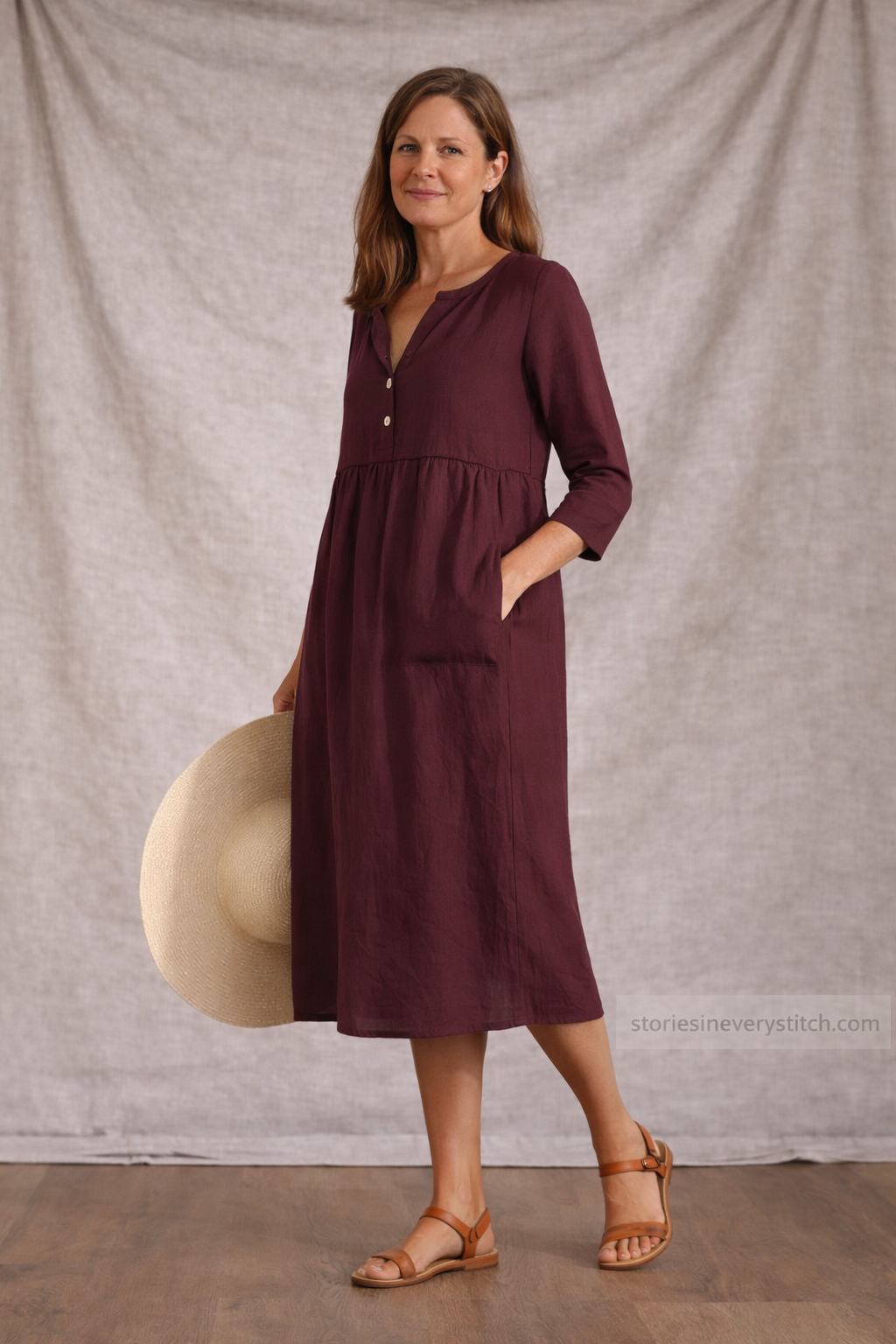 Women’s Casual V-Neck Midi Dress with Pockets – 3/4 Sleeve Loose Linen Summer Dress