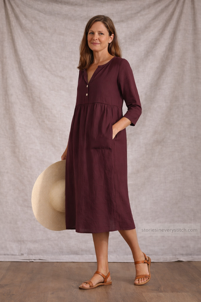 Women’s Casual V-Neck Midi Dress with Pockets – 3/4 Sleeve Loose Linen Summer Dress