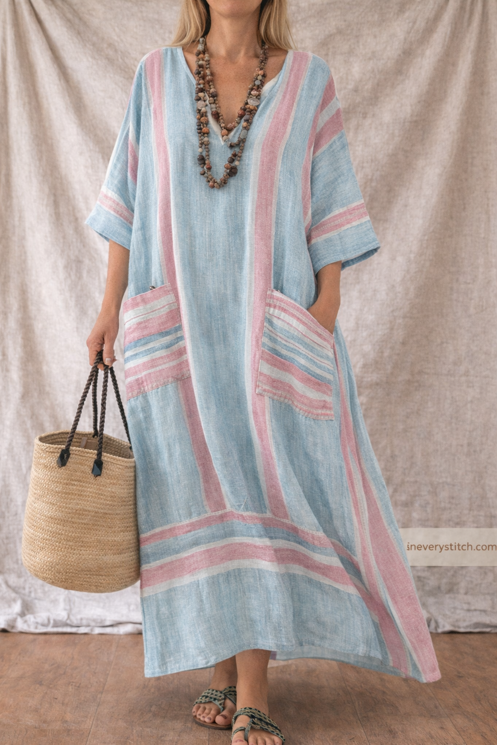 Boho Stripe Patch Pocket Maxi Dress