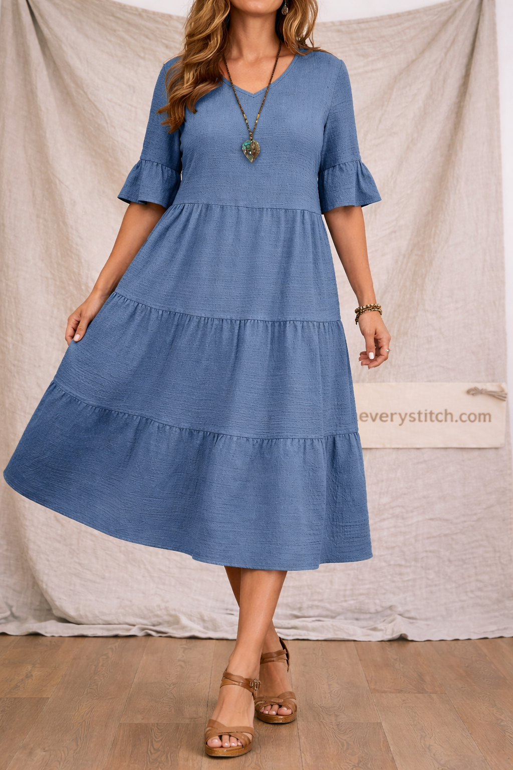 Classic Tiered Ruffle Sleeve Midi Dress