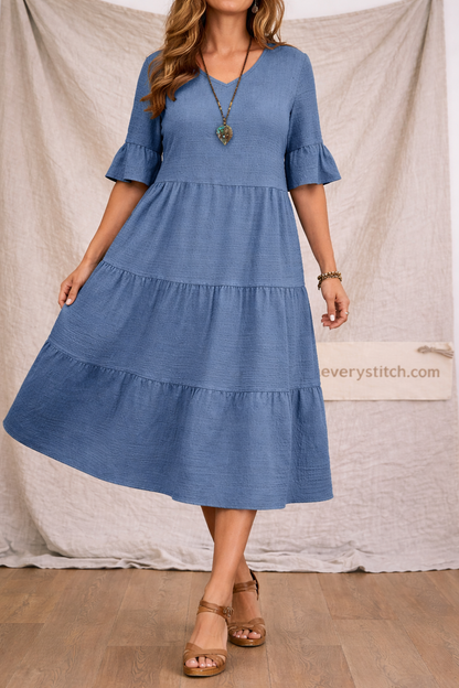 Classic Tiered Ruffle Sleeve Midi Dress