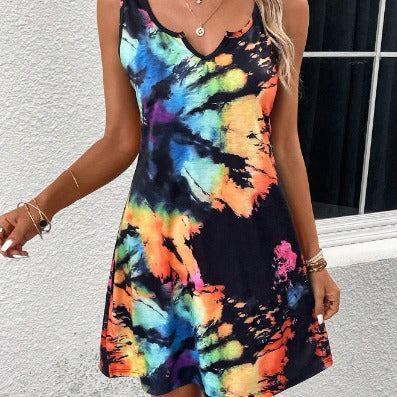 Women's Summer New Positioning Printed V-neck Open Vest Dress