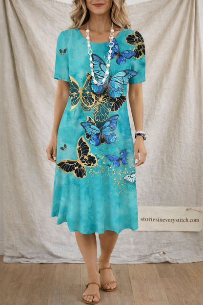 Printed Short Sleeve Midi Dress