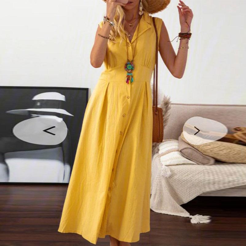 European American Summer New Skirt Lapel Women's A- Line Vintage Cotton And Linen Long Dress