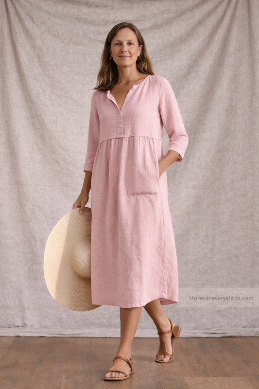 Women’s Casual V-Neck Midi Dress with Pockets – 3/4 Sleeve Loose Linen Summer Dress