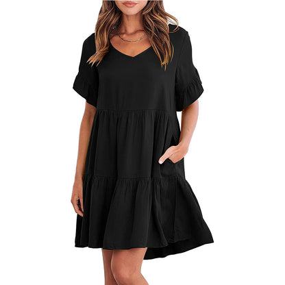 European And American Summer Casual V-neck Little-girl Style Clothes Three-layer Pleated Dress