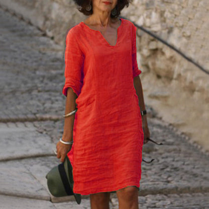 European And American Style With Pockets Spring And Summer Wash Wrinkle Small V-neck Dress