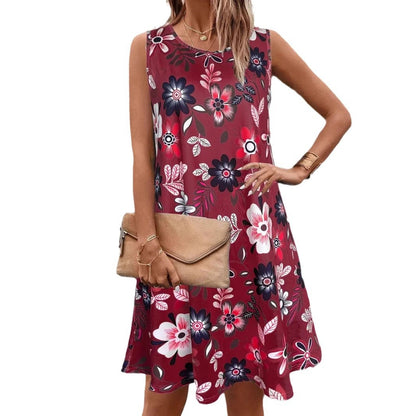 Women's Summer Floral Print Round Neck Vest Mid-length Sleeveless Dress