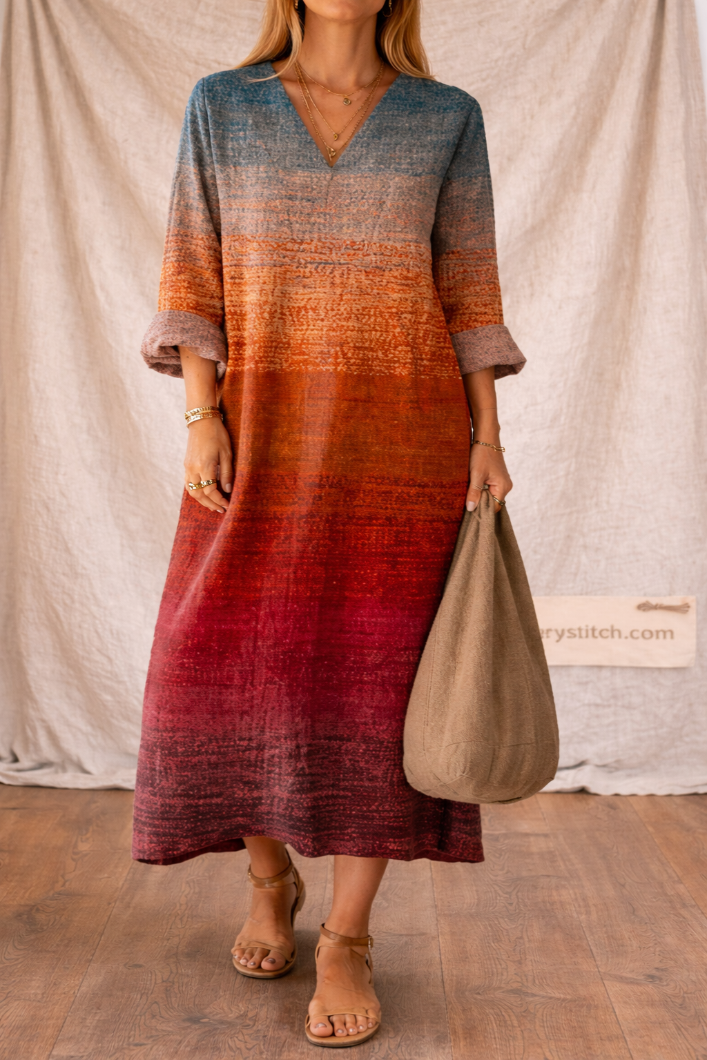 Bohemian Patchwork V-Neck Midi Dress