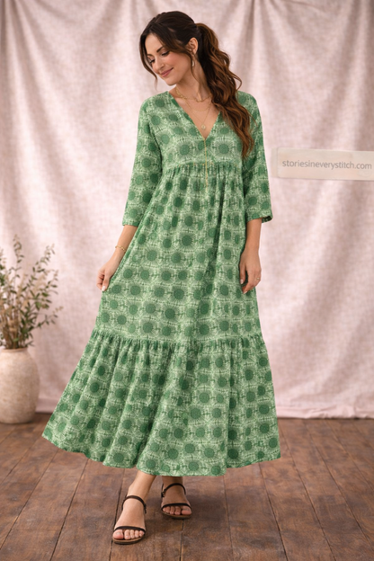 Women’s Boho V-Neck Maxi Dress – Loose Printed Beach Kaftan Dress