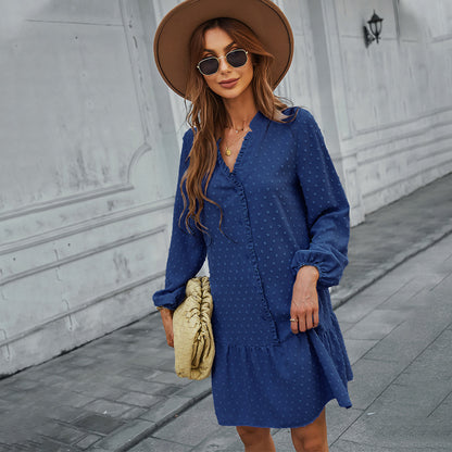 Casual Holiday Dress Spring And Summer Long Sleeves Ruffled Solid Color A- Line Skirt