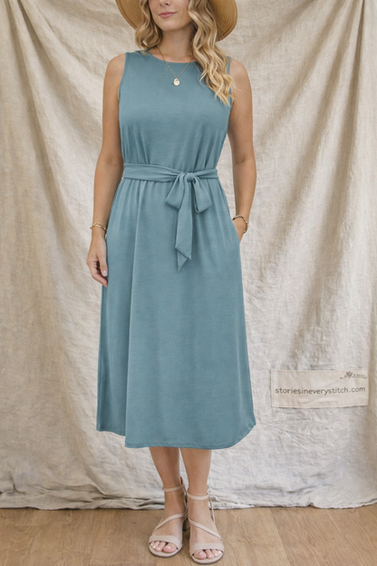 Classic Tie-Waist Sleeveless Midi Dress