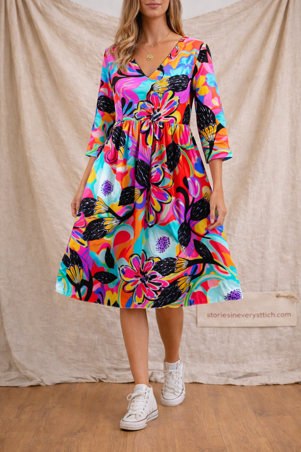 Bold Floral Print Swing Midi Dress