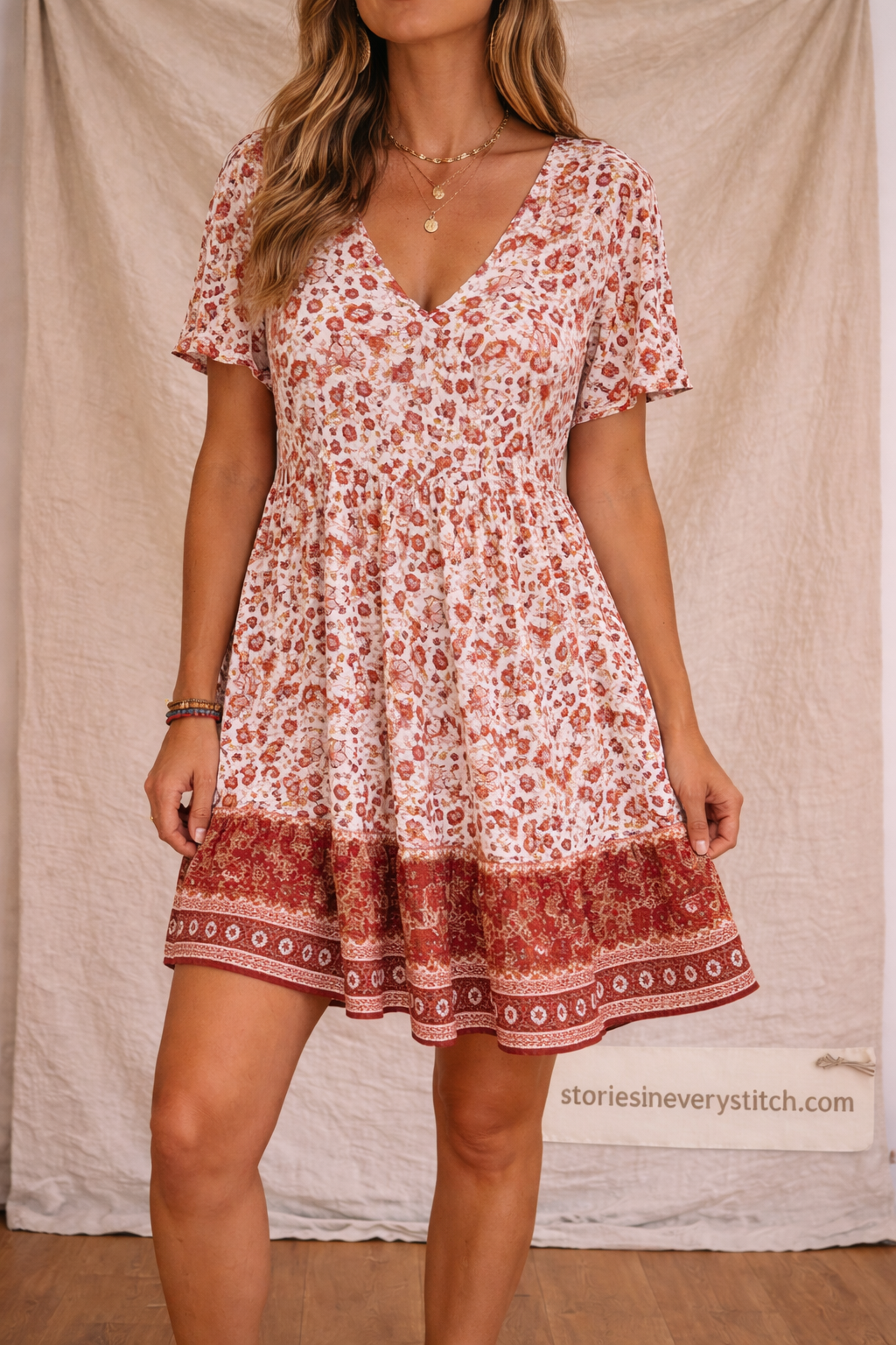 Bohemian Printed Short Sleeve Mini Dress
