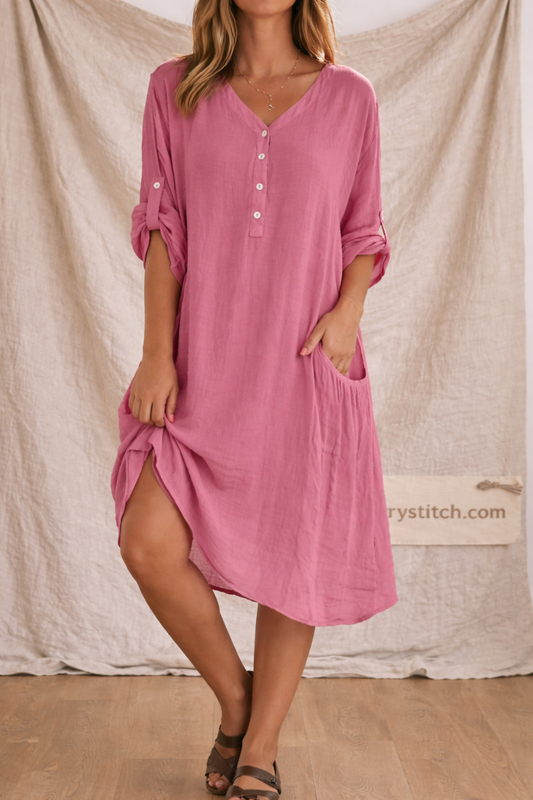Relaxed Button V-Neck Pocket Dress