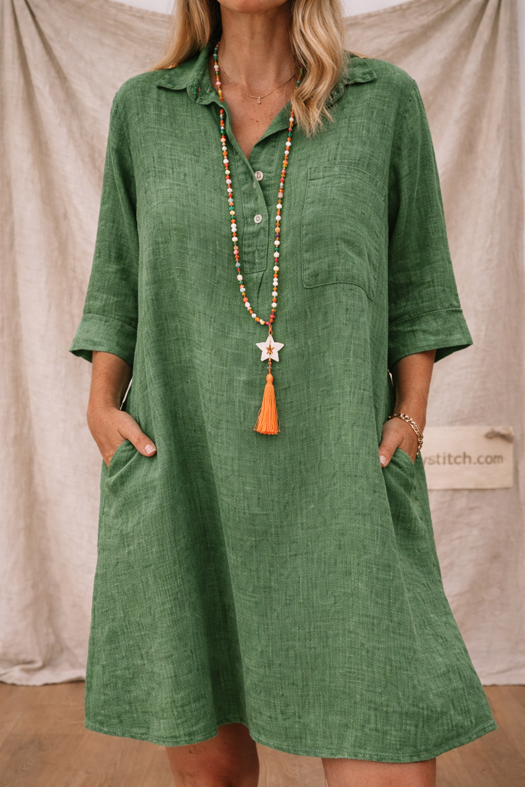 Linen Button Detail Loose Shirt Dress with Pockets