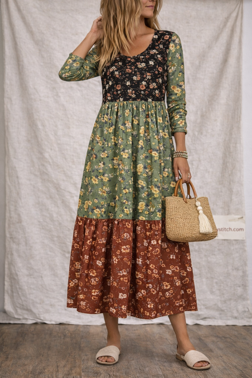 Patchwork Bloom Tiered Maxi Dress