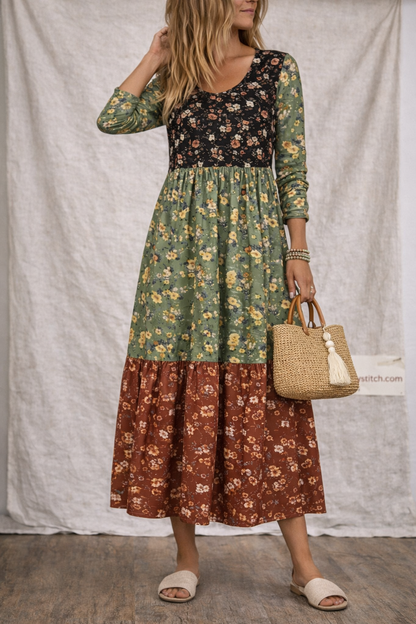 Patchwork Bloom Tiered Maxi Dress