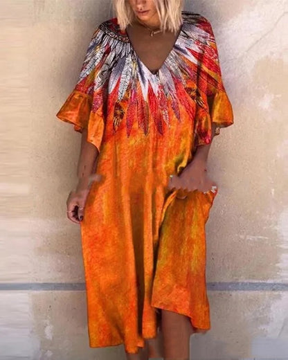 Digital Printed V-neck Plus Size Dress