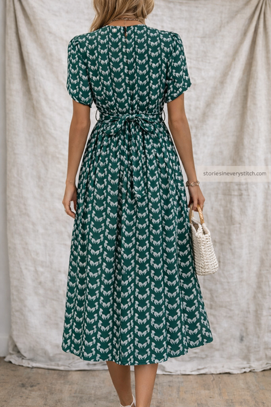 Green Floral Print Tie-Waist Midi Dress