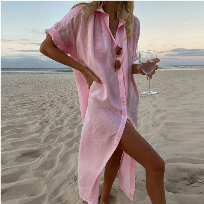 Women's Summer Solid Color Casual Long Cotton Cardigan Dress