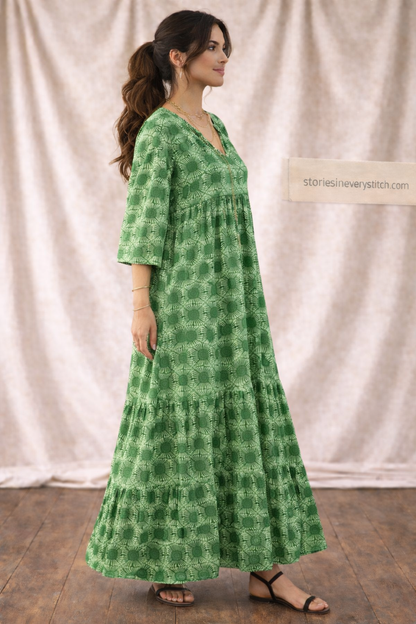 Women’s Boho V-Neck Maxi Dress – Loose Printed Beach Kaftan Dress