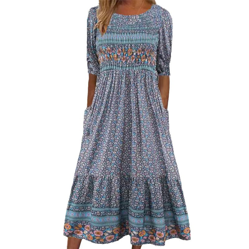 Women's Summer Small Floral Print Slim-fit Long Dress