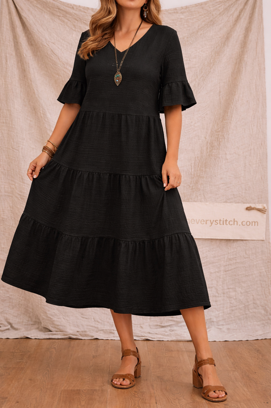 Classic Tiered Ruffle Sleeve Midi Dress