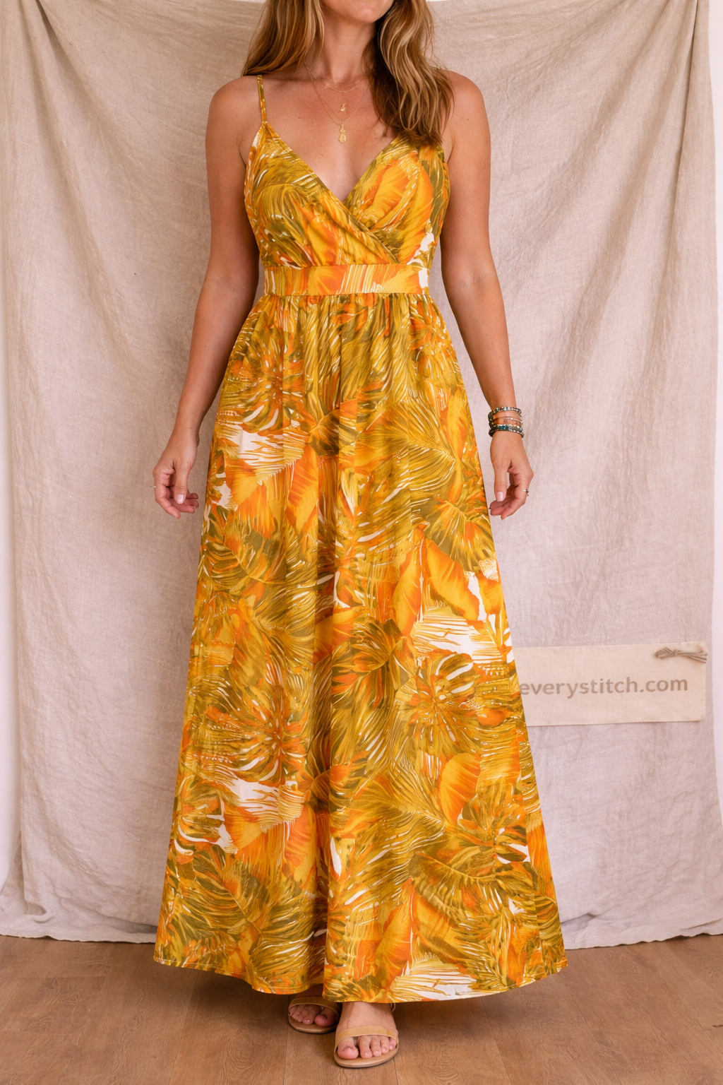 Tropical Print Spaghetti Strap Maxi Dress
